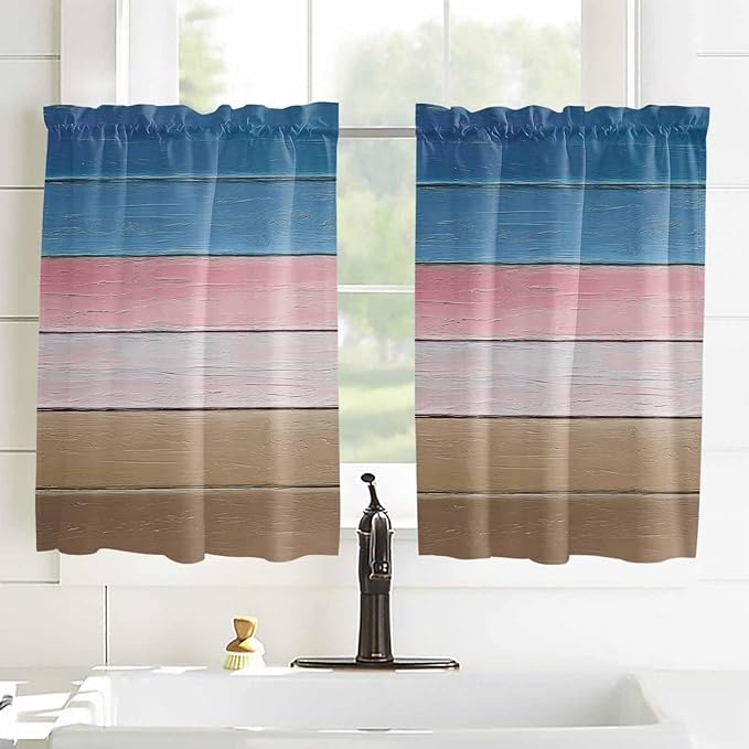 Blue Pink Brown Gradient Wood Grain Window Valance Curtains, Vintage Wood Board - Image 8