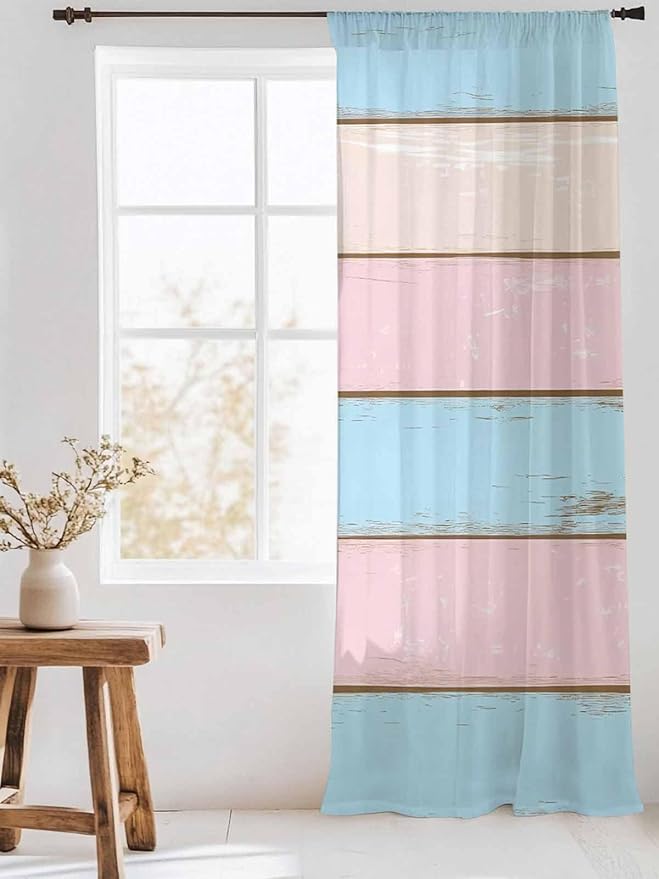 Sheer Curtains 108 Inches Long, Farmhouse Country Shabby Striped Privacy Voile - Image 3