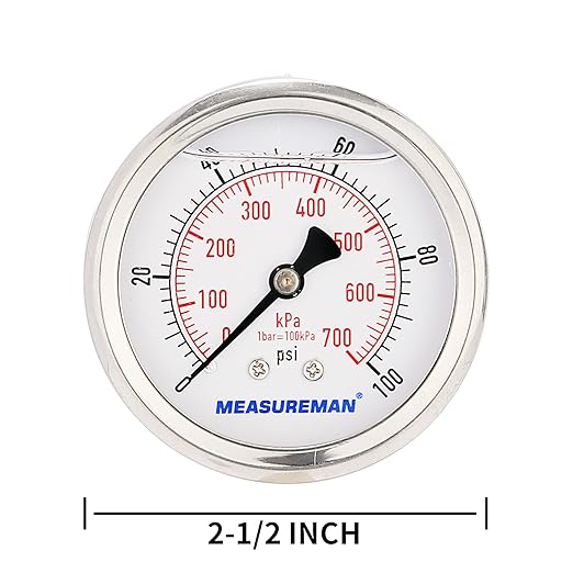 MEASUREMAN 2-1/2inch Dial Size, Glycerin Filled Pressure Gauge, 0-100psi/kpa - Image 5