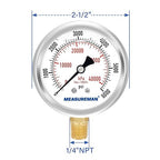 MEASUREMAN 2-1/2" Dial Size, Glycerin Filled Pressure Gauge, 0-6000psi/kpa - Image 7