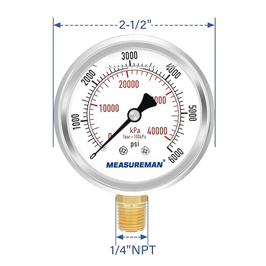 MEASUREMAN 2-1/2" Dial Size, Glycerin Filled Pressure Gauge, 0-6000psi/kpa - Image 7