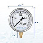 MEASUREMAN Glycerin Filled Plumbing Pressure Gauge 0-200psi Stainless Steel Case - Image 6
