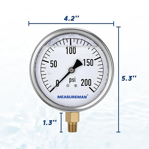 MEASUREMAN Glycerin Filled Plumbing Pressure Gauge 0-200psi Stainless Steel Case - Image 6