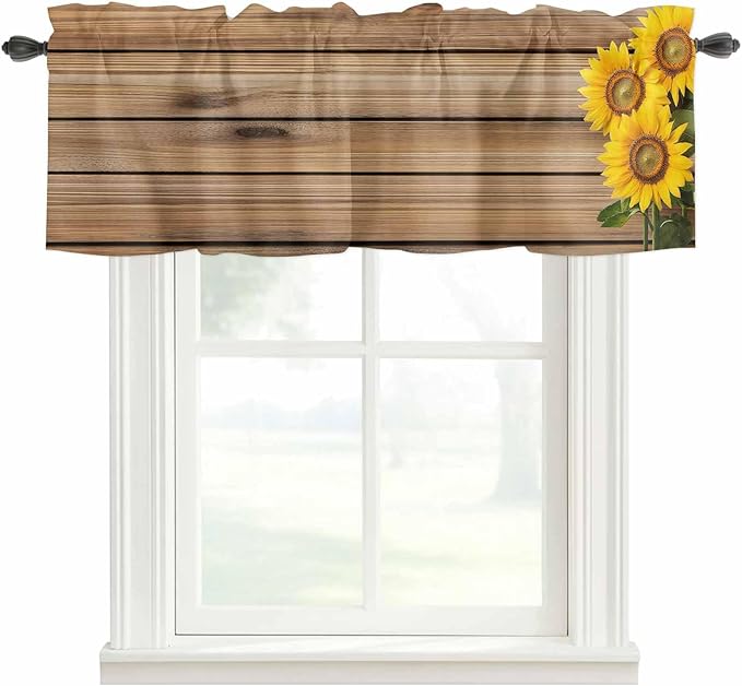 Kitchen Valances for Window, Farm Sunflower on Vintage Wood Grain Light - Image 3