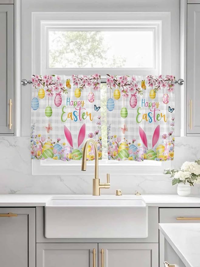 Happy Easter Half Window Curtains 24 Inches Long, Spring Watercolor Bunny Eggs - Image 3
