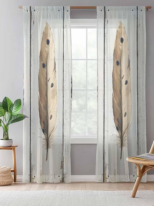Sheer Curtains 96 Inches Long, Farmhouse Feather Semi Sheer Curtains Light - Image 5