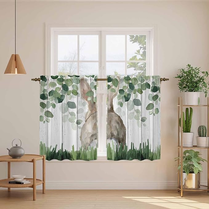Easter Kitchen Curtains, Country Rabbit Botanical Leaves Wooden Grain Light - Image 3