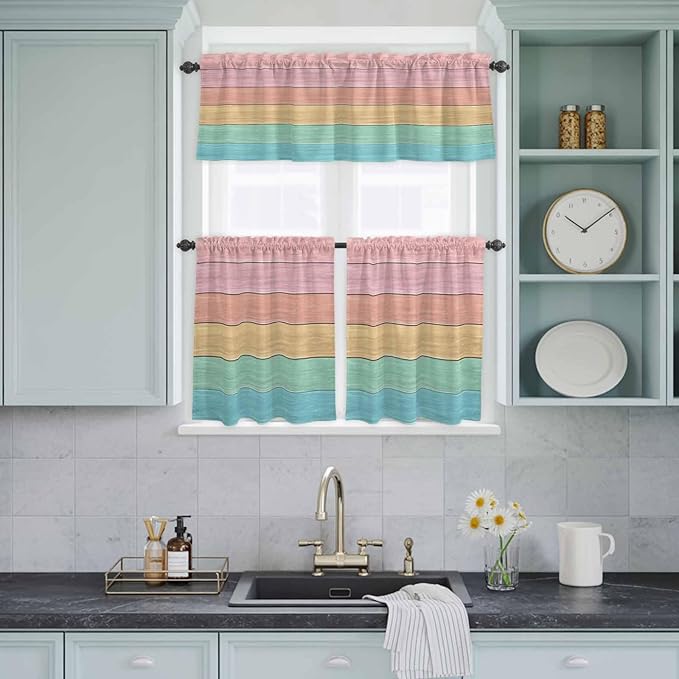 Kitchen Window Curtains Valance and Tier Set, Farm Colorful Wooden Plank Rod - Image 8