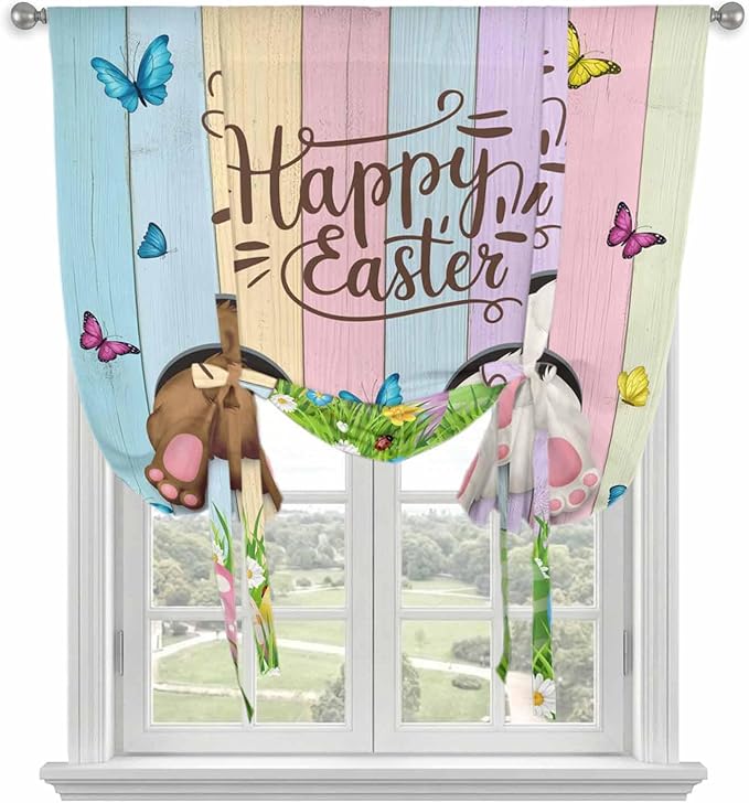 Tie Up Curtains, Happy Easter Rabbit Butt Egg on Daisy Leaf Adjustable Rod by Unknown