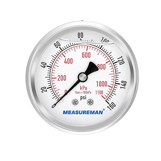 MEASUREMAN 2-1/2" Dial Size, Glycerin Filled Pressure Gauge, 0-160psi/kpa by MEASUREMAN