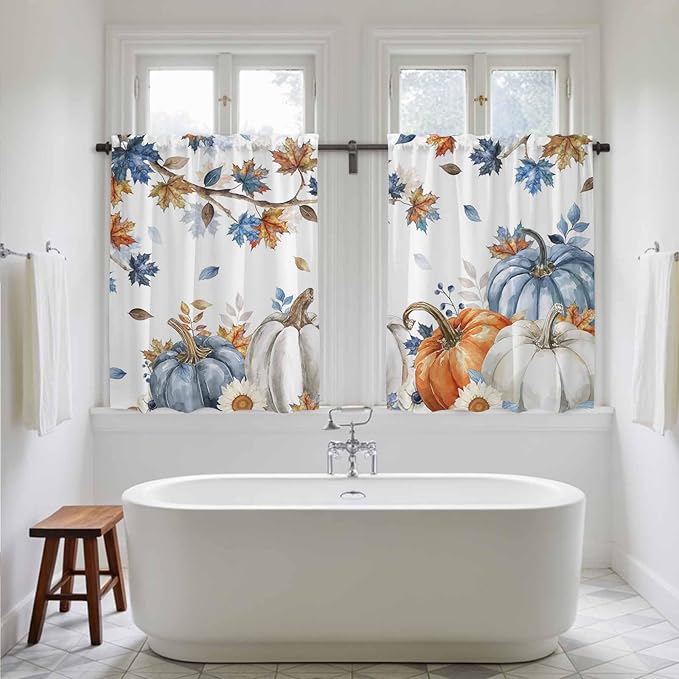 Navy Blue Pumpkin Fall Kitchen Curtains 45 Inch Long 2 Panel Set, Rod Pocket - Image 5