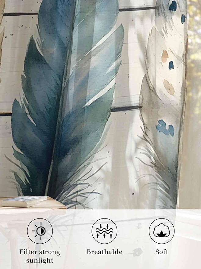 Sheer Curtains 84 Inches Long, Boho Blue Feathers Semi Sheer Curtains Light - Image 6
