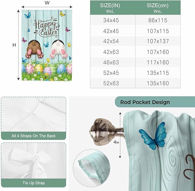 Tie Up Curtains, Happy Easter Bunny Butt Egg Floral Adjustable Rod Pocket - Image 7