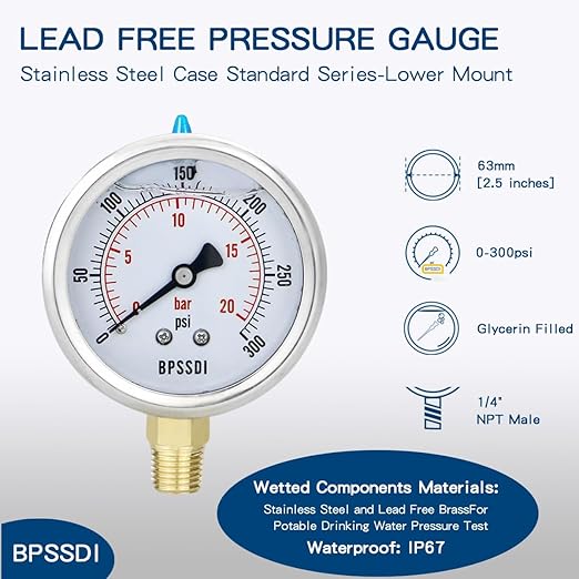 0-300 Psi Glycerin Liquid Filled Pressure Gauge, 2.5" Dial Size, 1/4" NPT Lower - Image 2
