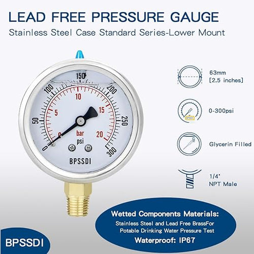 0-300 Psi Glycerin Liquid Filled Pressure Gauge, 2.5" Dial Size, 1/4" NPT Lower - Image 2