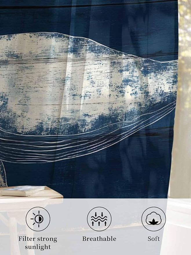 Sheer Curtains 63 Inch Length, Summer Whale Semi Sheer Curtains Light Filtering - Image 6