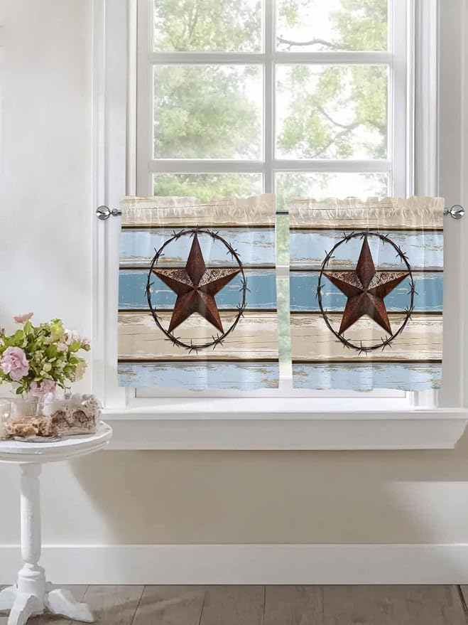 Vintage Western Star on Wood Grain Window Valance Curtains, Retro Wooden - Image 4