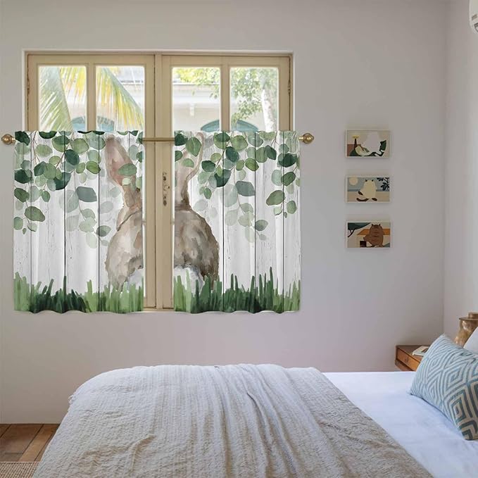 Easter Tier Curtains, Country Rabbit Botanical Leaves Wooden Grain Light - Image 4