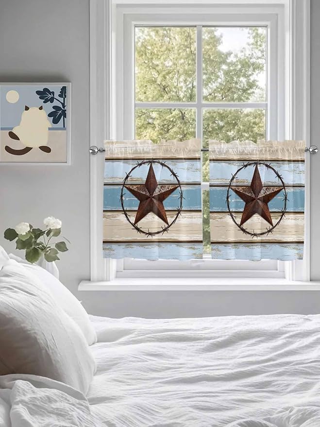Vintage Western Star on Wood Grain Window Valance Curtains, Retro Wooden - Image 4