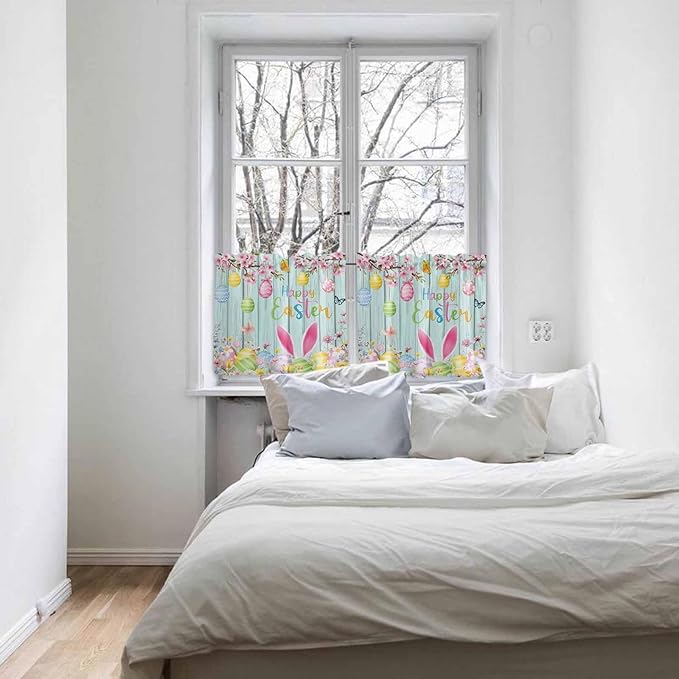 Happy Easter Half Window Curtain 36 Inches Long, Spring Bunny Eggs Flower Teal - Image 5