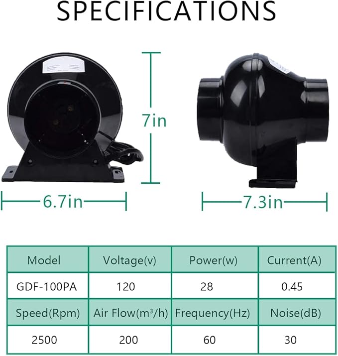 Ventilation Kit, 4 Inch Inline Fan 200 CFM Exhaust Blower, 4 Inch Carbon Fiber - Image 2
