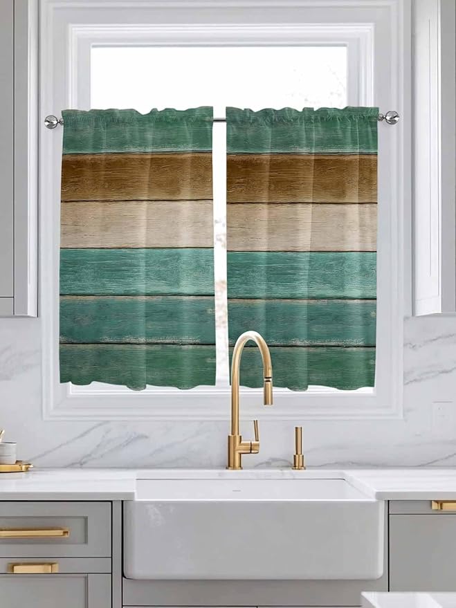 Vintage Plank Turquoise Brown Window Valance Curtains, Farmhouse Wood Grain - Image 2