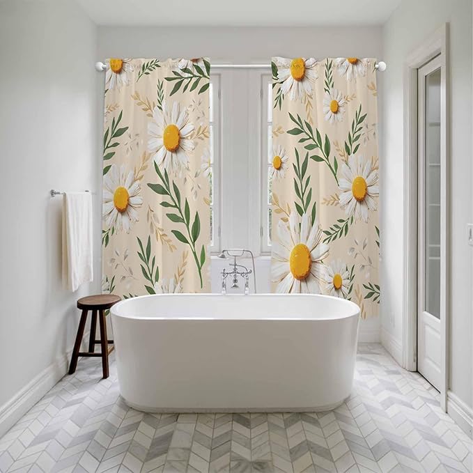 Spring Daisy Kitchen Curtains, Country Watercolor Flower Leaf Plant Light - Image 5