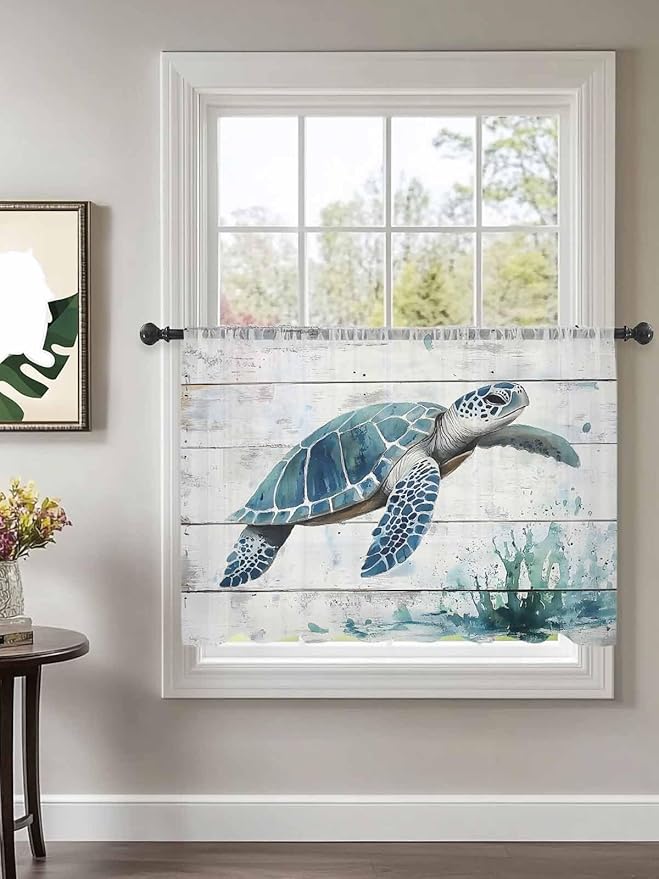 Sheer Curtains 54 Inch Length, Teal Green Sea Turtle Semi Sheer Curtains Light - Image 2