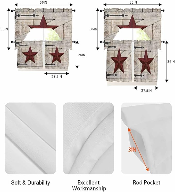 Village Stars Swag Kitchen Curtains Valance and Tier Set, Vintage Dark Red Star - Image 6