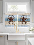Vintage Western Star on Wood Grain Window Valance Curtains, Retro Wooden - Image 2