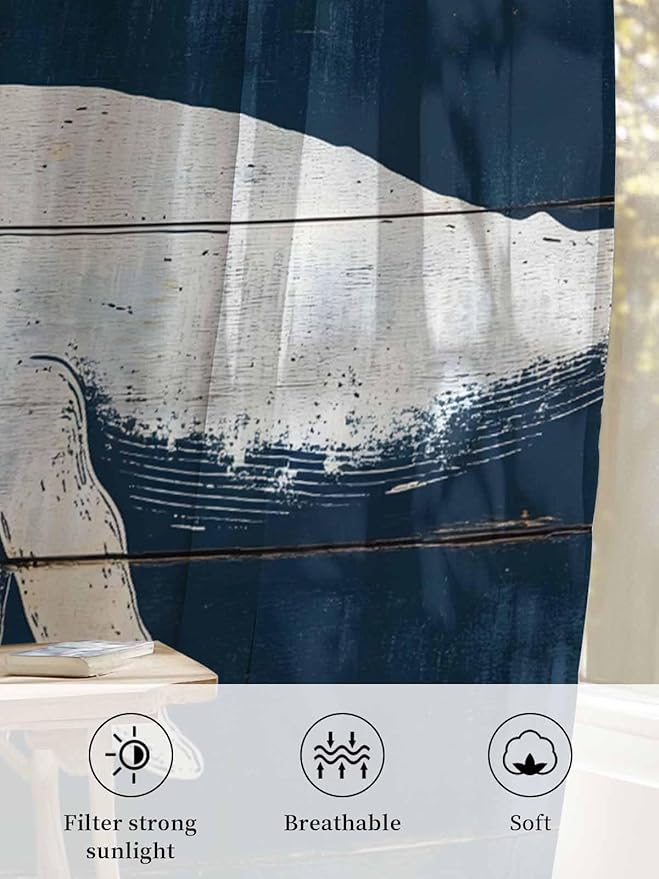 Sheer Curtains 63 Inch Length, Ocean Whale Blue Semi Sheer Curtains Light - Image 6