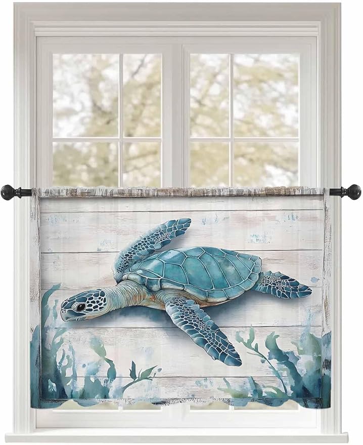 Sheer Curtains 54 Inch Length, Teal Green Sea Turtle Semi Sheer Curtains Light by Unknown