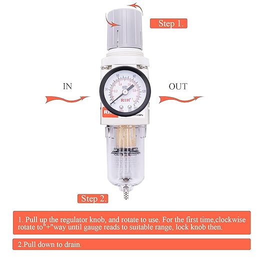 RIH 1/4" NPT Compressed Air Filter Regulator Combo Piggyback, 5 Micron Brass - Image 5