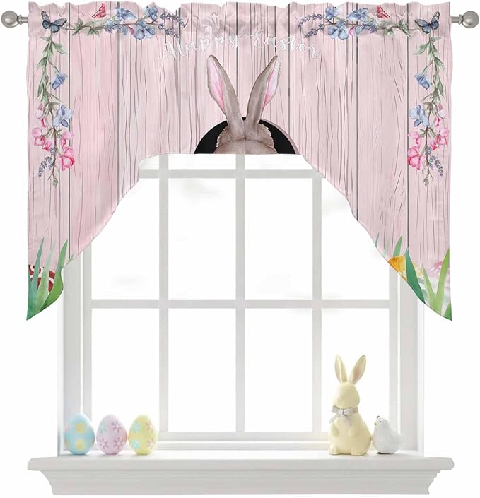 Swag Valance Curtains, Easter Cute Rabbit and Colorful Eggs Rod Pocket Valances - Image 9