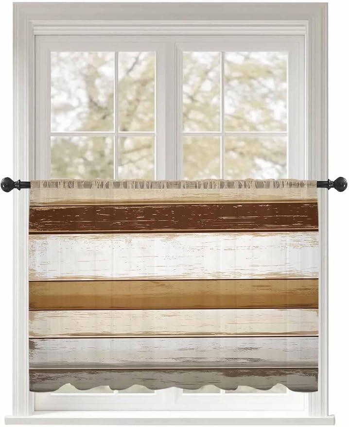 Sheer Curtains 45 Inch Length, Vintage Country Geometric Striped Privacy Voile by Unknown