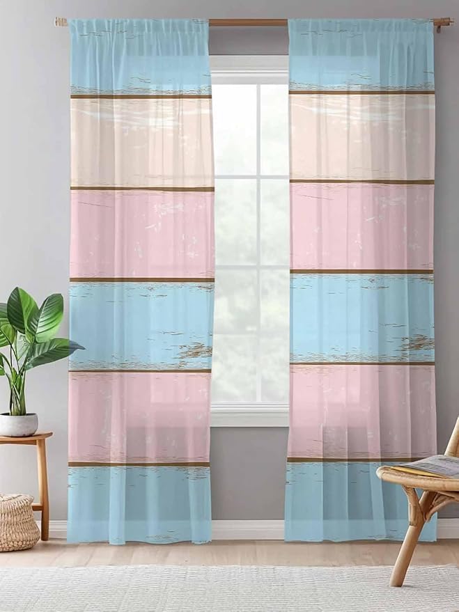 Sheer Curtains 84 Inches Long, Farmhouse Country Shabby Striped Privacy Voile - Image 5