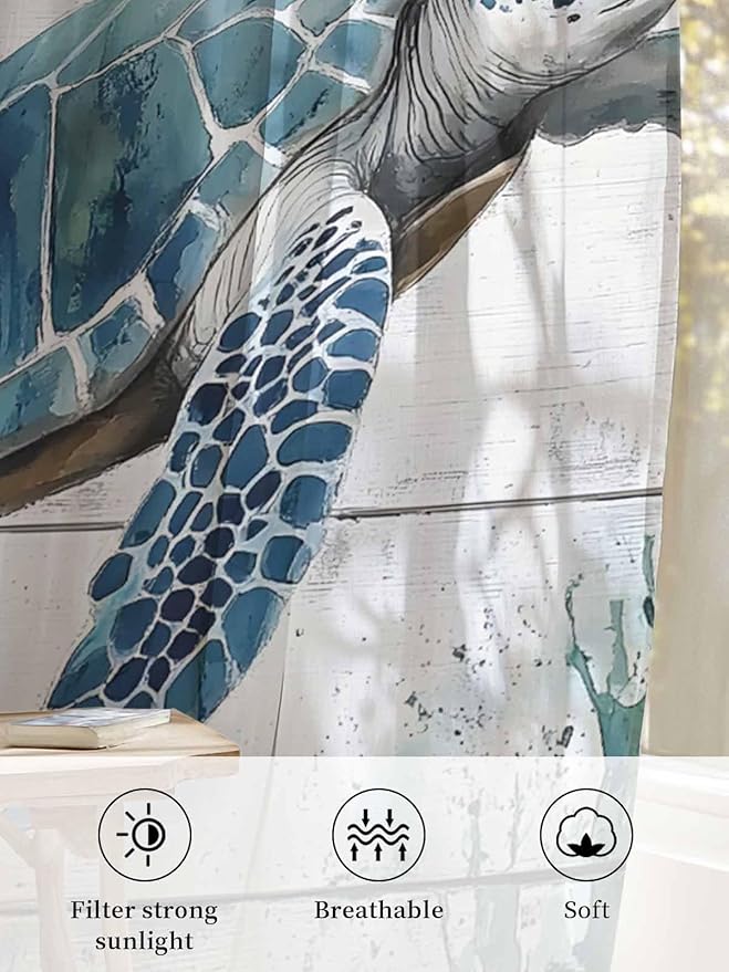 Sheer Curtains 96 Inches Long, Teal Green Sea Turtle Semi Sheer Curtains Light - Image 6