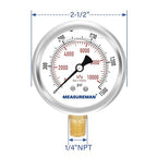 MEASUREMAN 2-1/2" Dial Size, Glycerin Filled Pressure Gauge, 0-1500psi/kpa - Image 7