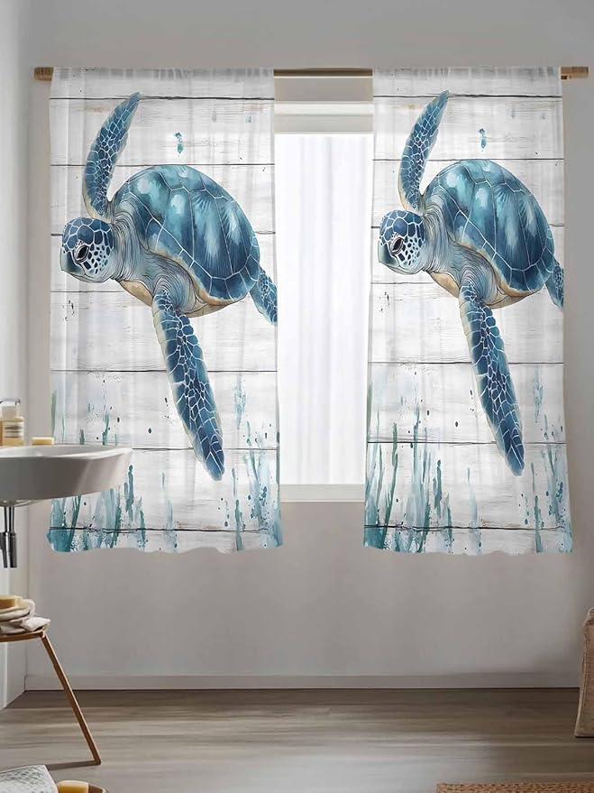 Sheer Curtains 72 Inches Long, Teal Green Ocean Turtle Semi Sheer Curtains - Image 5