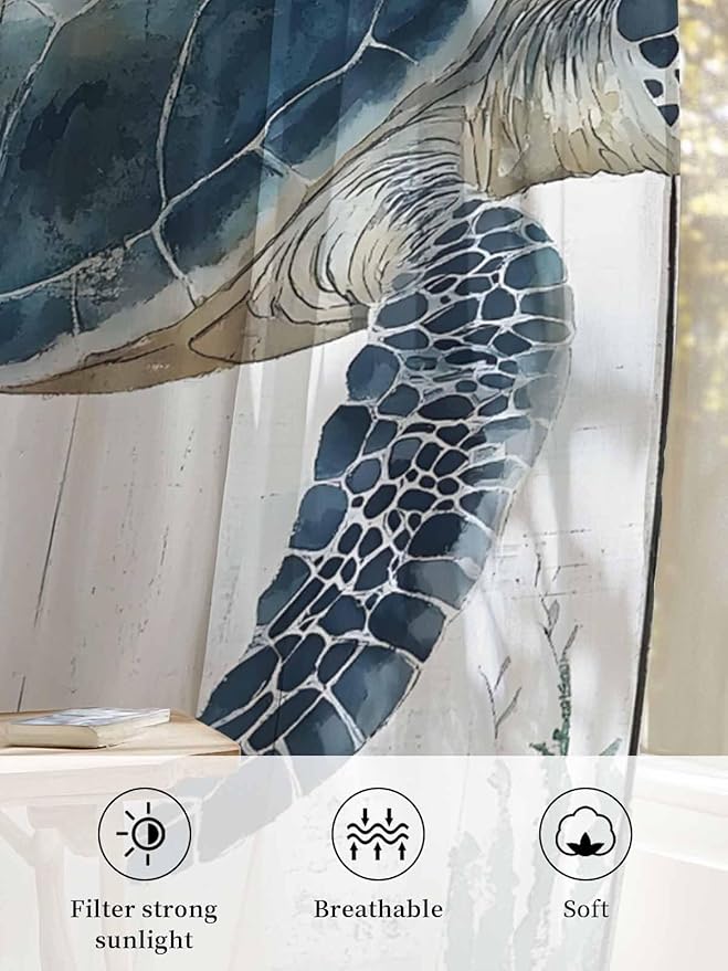 Sheer Curtains 45 Inch Length, Sea Turtle Teal Blue Semi Sheer Curtains Light - Image 6
