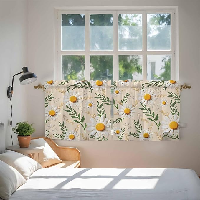 Spring Daisy Tier Curtains, Country Watercolor Flower Leaf Plant Light - Image 4