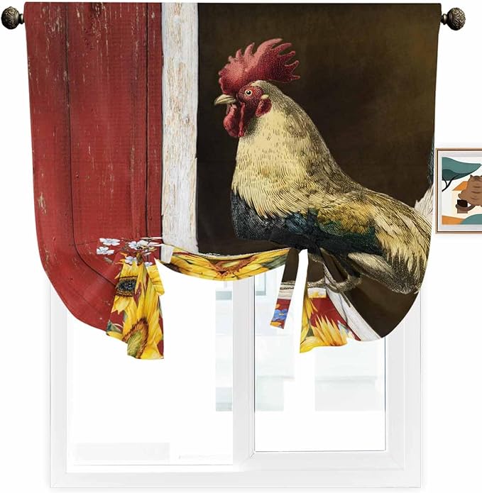 Tie Up Curtains for Windows, Chicken Sunflowers Adjustable Balloon Nature Linen - Image 2
