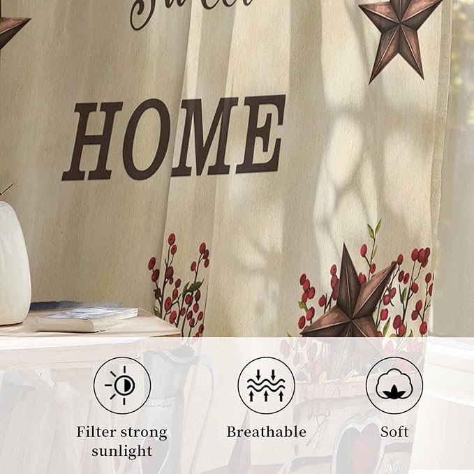 Farm Sheer Curtains 96 Inch Length American Country Barn Star Vintage Berry - Image 2