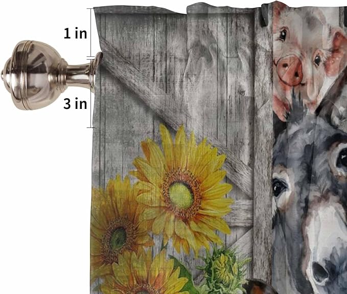 Farmhouse Tier Curtains 45 Inches Long, Vintage Sunflowers Animals Printed Wood - Image 6