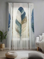 Sheer Curtains 96 Inches Long, Boho Blue Feathers Semi Sheer Curtains Light - Image 2
