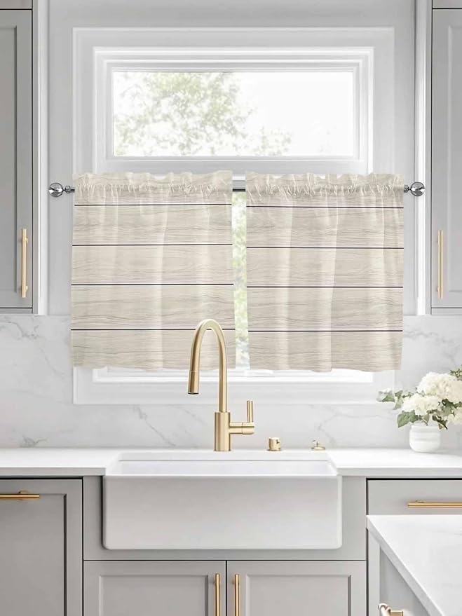 Vintage Country Wooden Board Window Valance Curtains, Gradient Wood Grain Line - Image 2