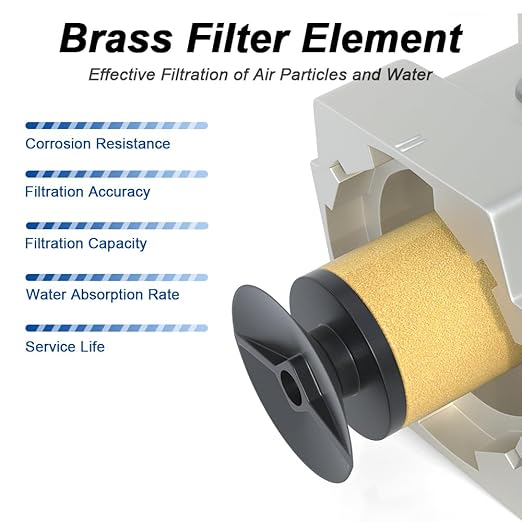 3/8"NPT Air Filter Regulator Combo Piggyback, 5 Micron Brass Element, Auto Drain - Image 5