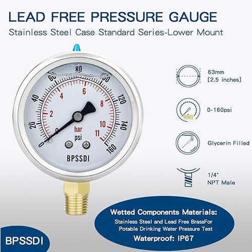 0-160 Psi Lead-Free Glycerin Liquid Filled Low Pressure Gauge, 2.5" Dial Size - Image 2
