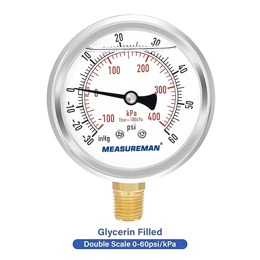 MEASUREMAN 2-1/2" Dial Size, Glycerin Filled Pressure Gauge, 30inHG-60psi - Image 3