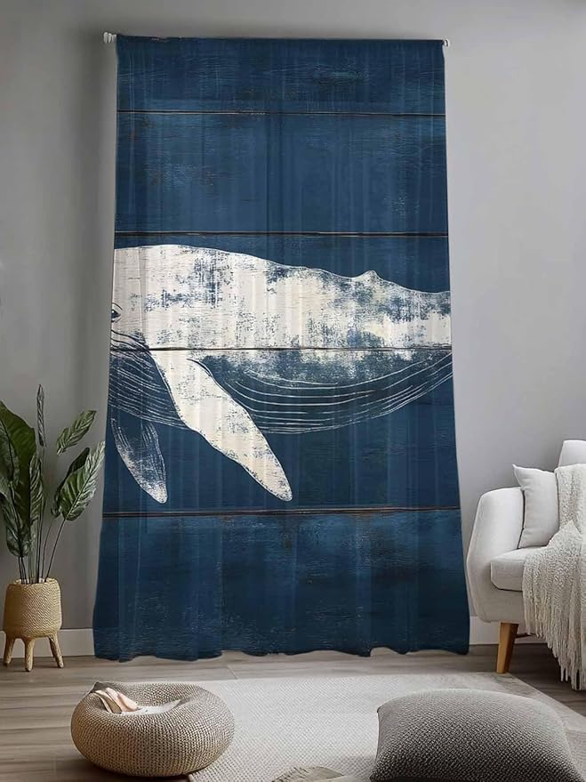 Sheer Curtains 84 Inches Long, Summer Whale Semi Sheer Curtains Light Filtering - Image 2